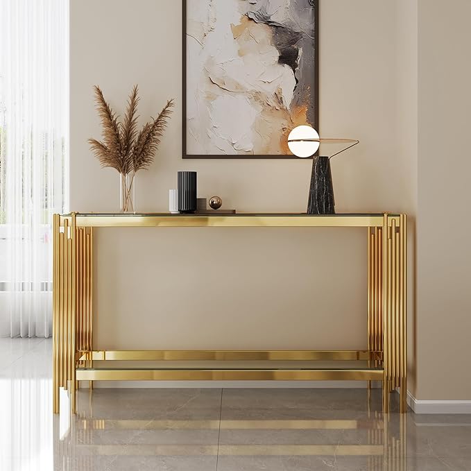 Goujxcy Modern Glass Console Table 55" Gold Entryway Table with Tempered Glass Top and Mirror Finish Stainless Steel Legs, Luxury Rectangular Sofa Table for Living Room Hallway Corridor Table (Gold)