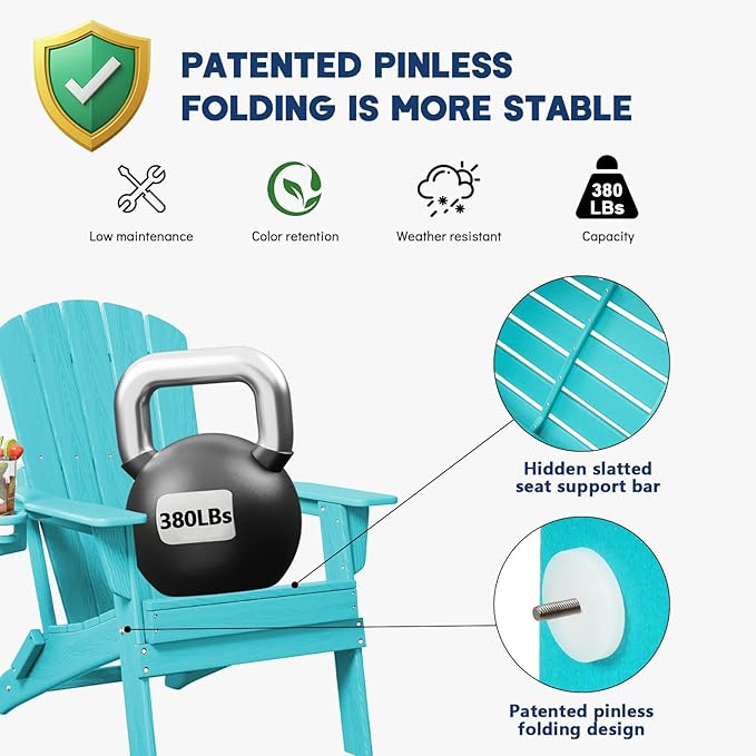 Plawdlik Folding Adirondack Chair, SGS Tested, Wooden Textured with Cup Holder, Heavy All-Weather HDPE Comfortable Set Poolside Backyard Lawn Aruba Blue Set 4