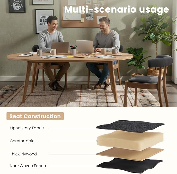 Kmax Dining Room Chairs Mid-Century Modern Fabric Kitchen Chairs with Natural Walnut Finished Frame, Linen Curved Back, 2-Pcs Set, Charcoal Black