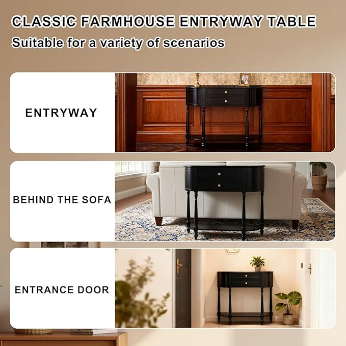 Black Entryway Table Narrow, Half Moon Console Table with Two Drawers, Solid Wood Mid Century Modern Console Table with Adjustable Legs for Living Room, Foyer, or Hallway