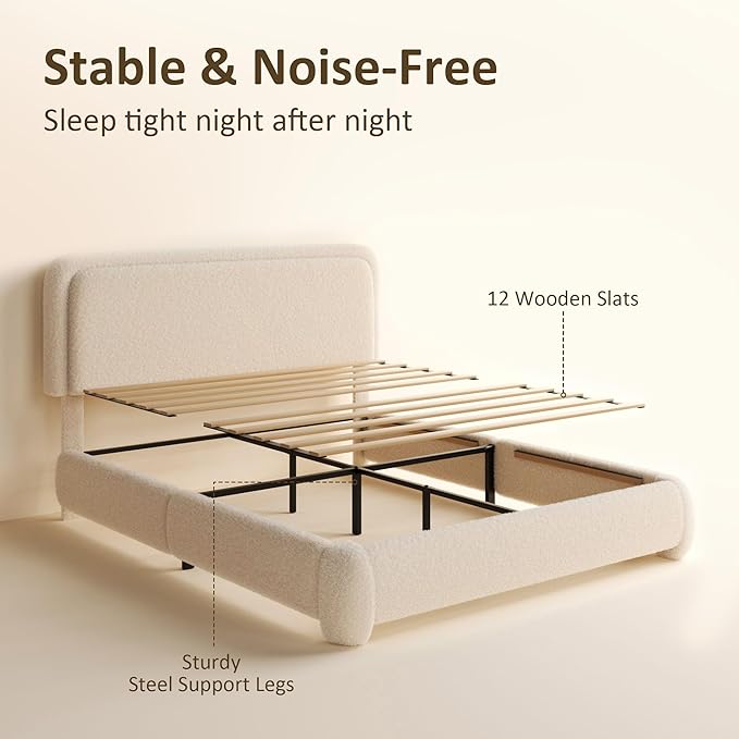 Queen Bed Frame, Teddy Velvet Boucle Bed Frame with 43.3"/45.3" Adjustable Upholstered Headboard, Rounded Corners, Mattress Foundation, No Box Spring Required, Beige