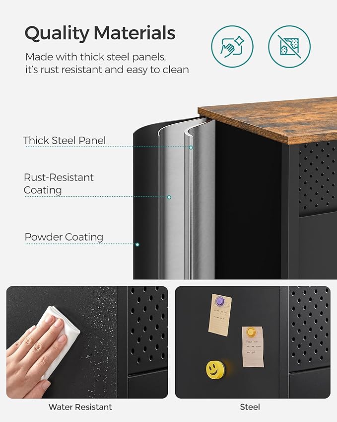 SONGMICS Set of 2 Storage Cabinets, Metal Cabinet, Sideboard with 2 Doors, 15.7 x 31.5 x 29.9 Inches, Magnetic Closure, Adjustable Shelf, Steel Frame, Rustic Brown and Black ULSC791B01