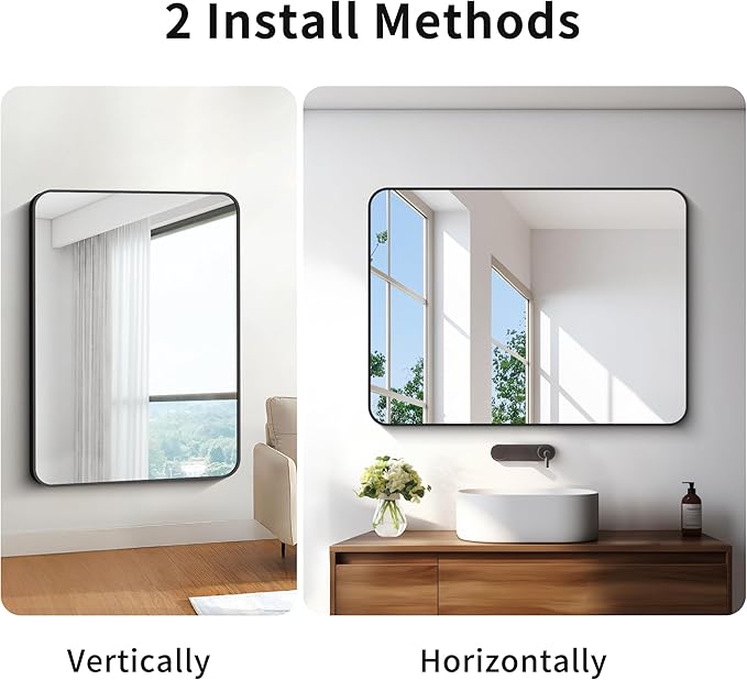 BONEWEI 30x40 inch Bathroom Mirror,Black Rectangle Mirror,Wall Mounted Bathroom Frame Vanity Mirror with Round Corner for Bedroom Living Room, Entryway Hangs Horizontal or Vertical