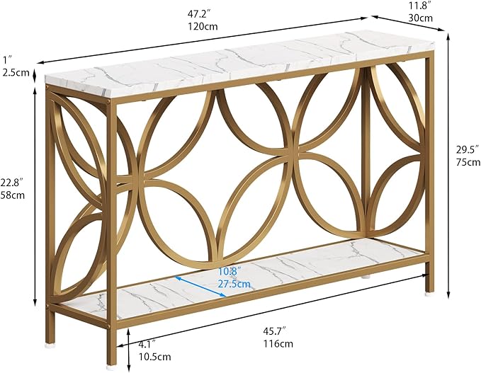 GiftGo Narrow Sofa Table 47.2 Inch, Industrial Sofa Table Behind Couch, Vintage Entry Console Table with Storage for Entryway, Living Room, Foyer, Elegant Design (White and Gold, 47.2)