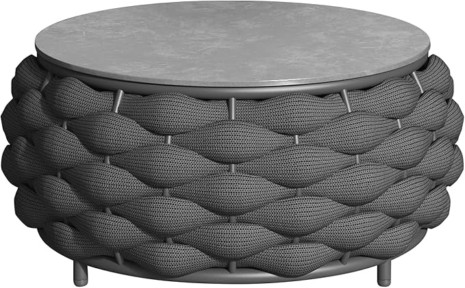 Round Coffee Table for Indoor & Outdoor Use, Aluminum Patio Furniture with Handwoven Ropes, Weather-Resistant for Garden, Terrace & Poolside (Black)