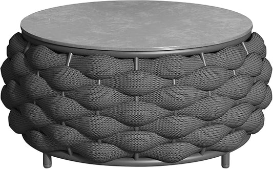 Round Coffee Table for Indoor & Outdoor Use, Aluminum Patio Furniture with Handwoven Ropes, Weather-Resistant for Garden, Terrace & Poolside (Black)