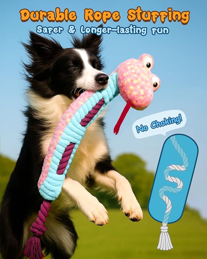 Swooflia Dog Rope Toy - Interactive Cute Snake Squeaky Plush Toys Stuffless, Teeth Cleaning for Small Medium Large and Boredom Dogs, Outdoor Durable Puppy Tug of War Chew Toy