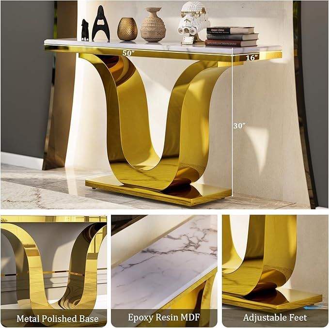 Gold Console Table, White and Gold Living Room Sofa Table, 50" Rectangle Console Table for Entryway, Living Room, Office, Foyer, Front Hall, Hallway