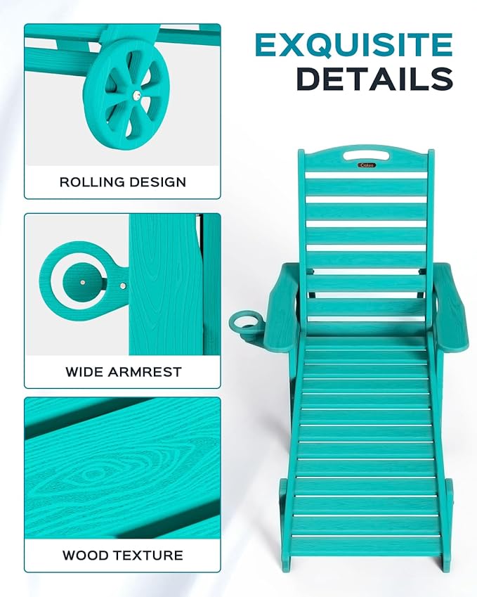 Outdoor Lounge Chair Set of 4, All Weather Patio Chaise Lounge Chair for Outside, HDPE Chair with Rolling Wheels & Cup Holder, 5 Position, Deck, Pool, Lake Blue