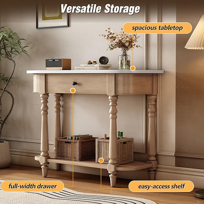 HMFULE Retro Curved Console Table, 36" Solid Wood Half Moon Console Table Sofa Table Entryway Table with 1 Drawer 1 Open Shelf Roman Legs Curved Corners for Living Room,Entryway,Hallway,White+Beige