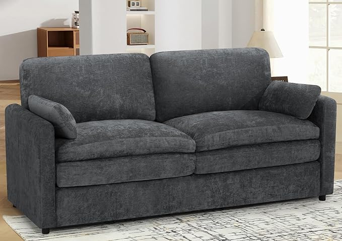 69" Chenille Modern Couch with Cozy & Soft Backrests, 2 Seats Sofa with 2 Extra Pillows, Comfy Upholstered Sofa with Thicker Cushions for Living Room, Office, Grey