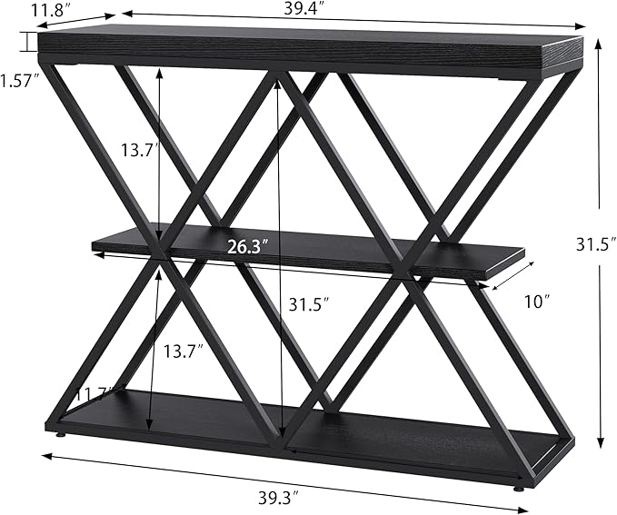 Garvee 3-Tier Entryway Table, Industrial Console Sofa Table with Storage, Accent Table with Open Shelves, X-Shaped Metal Frame, Foyer Table for Entryway, Hallway, Black