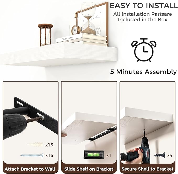 Floating Shelves for Wall, 72 Inch Wide x 12 Inch Deep Floating Shelves, Long Wood Floating Wall Shelf Shelves for Living Room Bathroom Bedroom Kitchen Home - (White, 72" W x 12" D x 2" H)