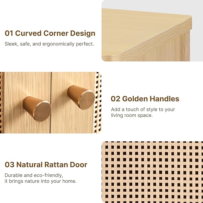 2 PCS Rattan Sideboard Buffet Cabinet 2 Door Boho Kitchen Storage Cabinet Accent Console for Living Room, Hallway, Kitchen, Sideboard, Buffet Table Natural Oak