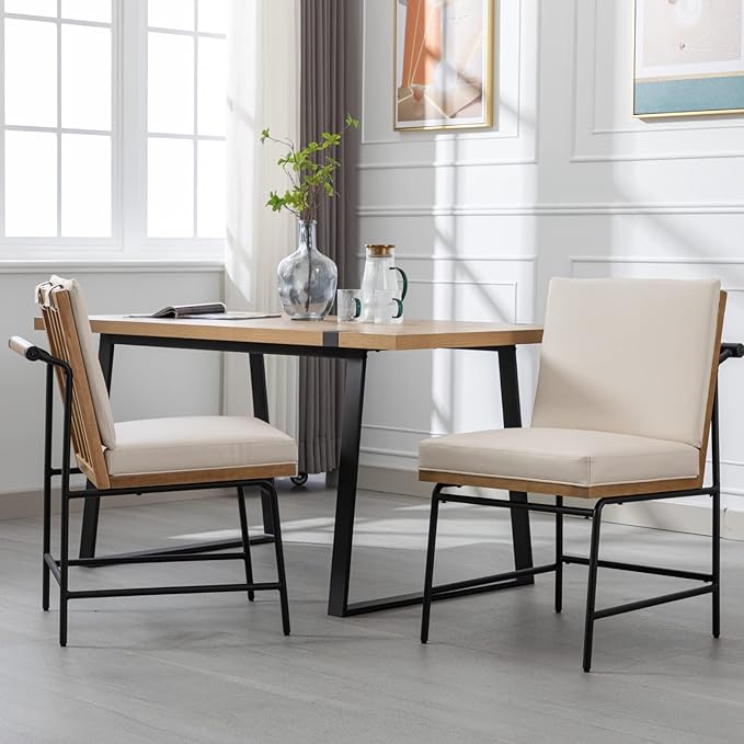 Modern Dining Chairs Set of 2, Comfy PU Leather Armless Side Chairs with Backrest Wooden Upholstered Seat Black Metal Legs for Dining Room Living Room, Beige