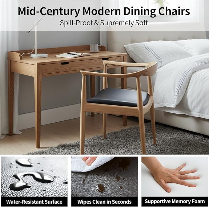 Tomile Upholstered Dining Chair Kennedy Armchair, Mid Century Modern Kitchen & Dining Chairs with PU Leather Cushion Seat, Hans Wegner Elbow Chair for Living Room Bedroom Office (Natural Wood Color)