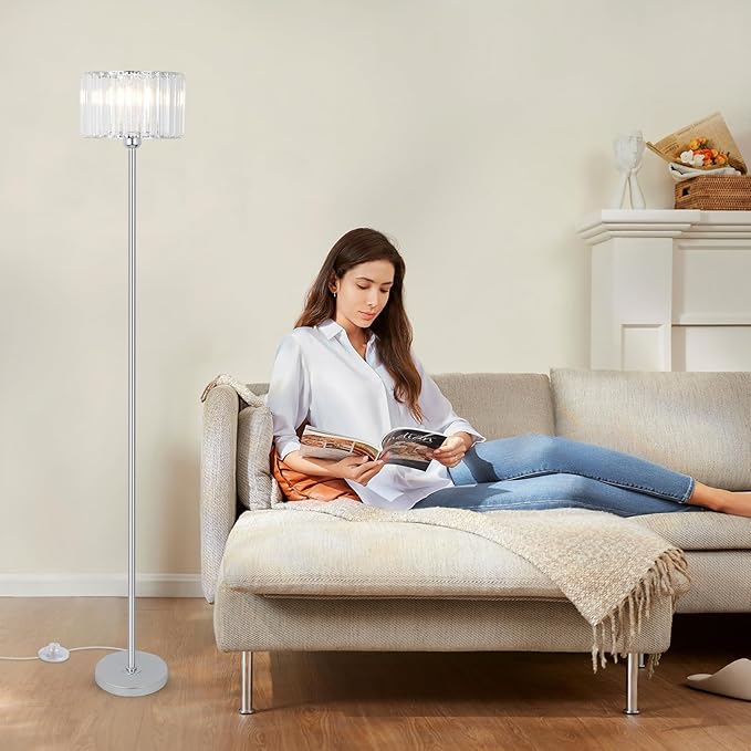 HMVPL Crystal Floor Lamp, Chrome Pole Floor Lamp with K9 Crystal Shade, Silver Standing Lamp with On/Off Switch, Modern Corner Tall Lamp for Living Room Bedroom Nursery Office Home Decor