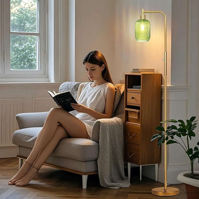 Glass Floor Lamp for Living Room, Dimmer Standing Lamp with Green Ribbed Lampshade,66” Tall Lamp & Gold Floor Lamp for Bedroom Study Room,Brushed Gold (Green)