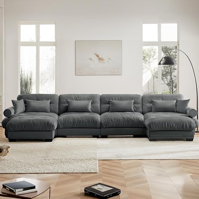 166" Grey Modular Sectional Sofa, 4 Seater Large Sectional Couches for Living Room, Velvet Fabric Oversized Fluffy Cloud Couch with Ottoman, Deep Seat Home Sofas Set, Sofá Moderno, U Shaped