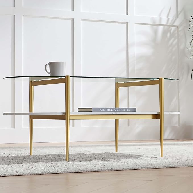Oval Coffee Table, Mid-Century Modern Design, L41 x W21 x H17 inch, for Living Room, Clear Glass Top, White Marble Finish Wood Shelf & Gold Finish Frame
