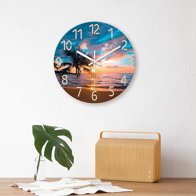 XFM Beach Wall Clocks Battery Operated 16 Inch Silent Non-Ticking Wall Clock Sunset Palm Tree Coastal Wall Clock for Bedroom Living Room Office Decor