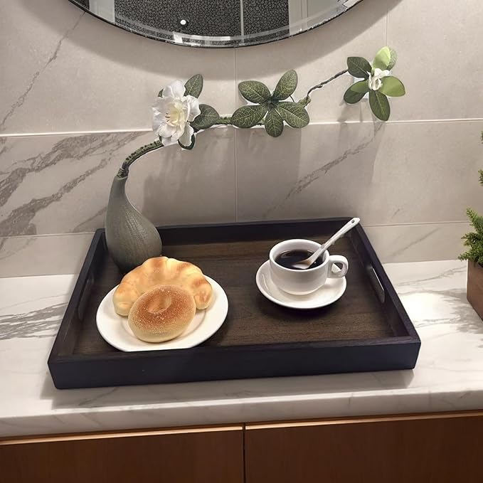 14.9''x10.2''x1.57'' Bamboo Wooden Tray with Handles, Rectangular Natural Solid Wood, Black Walnut Color Serving Tray Suitable for Kitchen,Bedroom,Coffee, Party Bars.