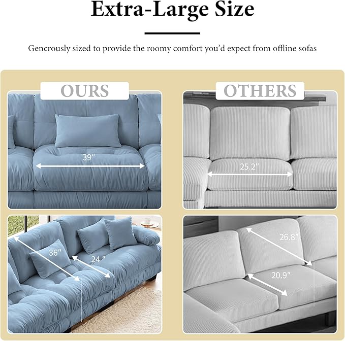 94.4" Loveseat Sofa, 2 Seater Modular Sectional Sofa, Blue Large L Shaped Sectional Couches for Living Room, Fluffy Chenille Fabric Cloud Couch with Ottoman