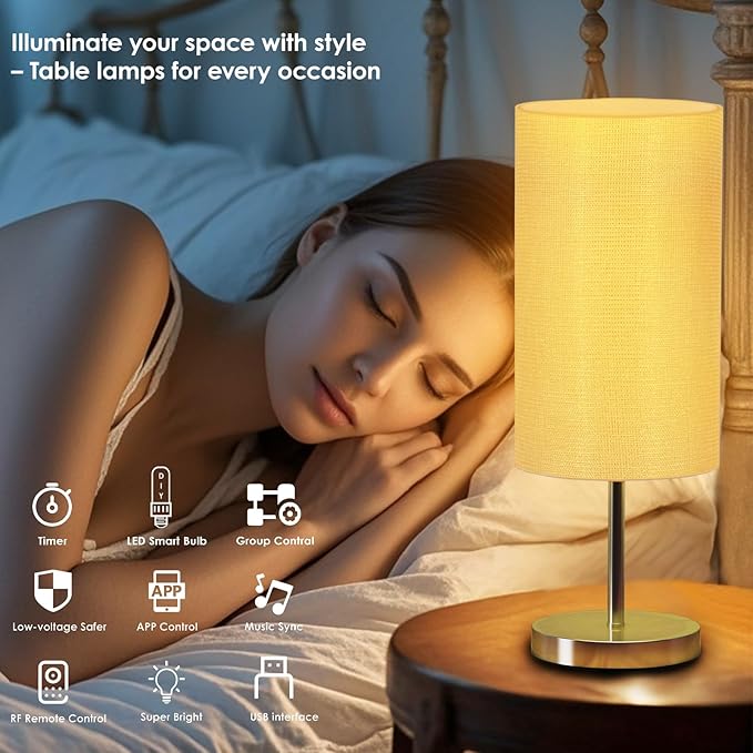 Smart Bedside Table Lamp for Bedroom, Modern Bedroom Lamps for Nightstand Decoration, 72 LED Colorful Bulb with APP Control & Music Sync & Timer, Desk Light for Home Office Living Room (Nickel Round)