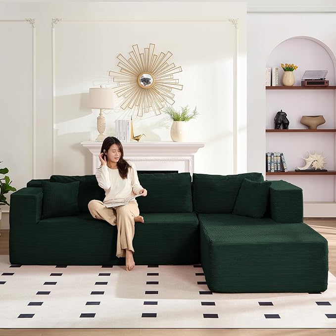 PUREMIND 106" Cloud Sectional Couch for Living Room, Corduroy L Shape Sofa with Deep Seat, Modern Green Couches Modular Boneless Foam Couch Corner Couches, No Assembly Required