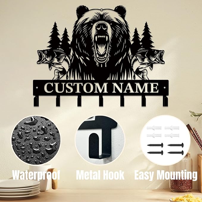 Personalized Custom Name Bear Key Wall Hooks,Metal Bear Keys Clothes Hooks,Metal Bear Wall Home Storage Decorative,For Front Door, Hallway, Kitchen, Bedroom,Keys,Hats (Style F)