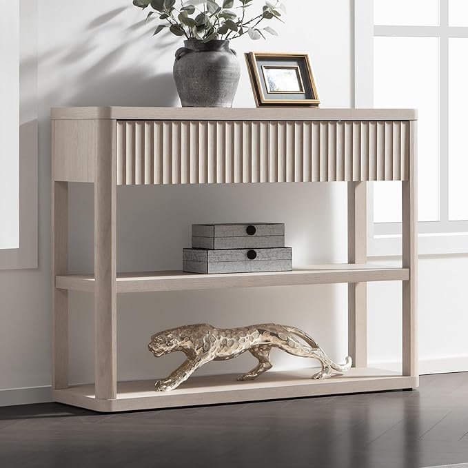 SICOTAS Fluted Entryway Table with Storage, 88.26" W Console Table with 4 Drawers & 4 Tier Storage Shelves, Modern Sofa Table Behind The Couch for Living Room, Entrance, Hallway, Foyer, White Alder