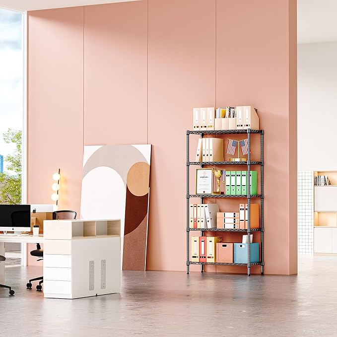 IZEUK 5 Tier Black Metal Storage Shelves, Heavy Duty Wire Shelving Rack for Garage, Kitchen, Bathroom, or Laundry Organization, 1250 lbs Capacity, 13.8" D x 35.4" W x 68.5" H