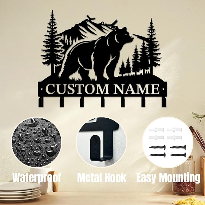Personalized Custom Name Bear Key Wall Hooks,Metal Bear Keys Clothes Hooks,Metal Bear Wall Home Storage Decorative,For Front Door, Hallway, Kitchen, Bedroom,Keys,Hats (Style D)