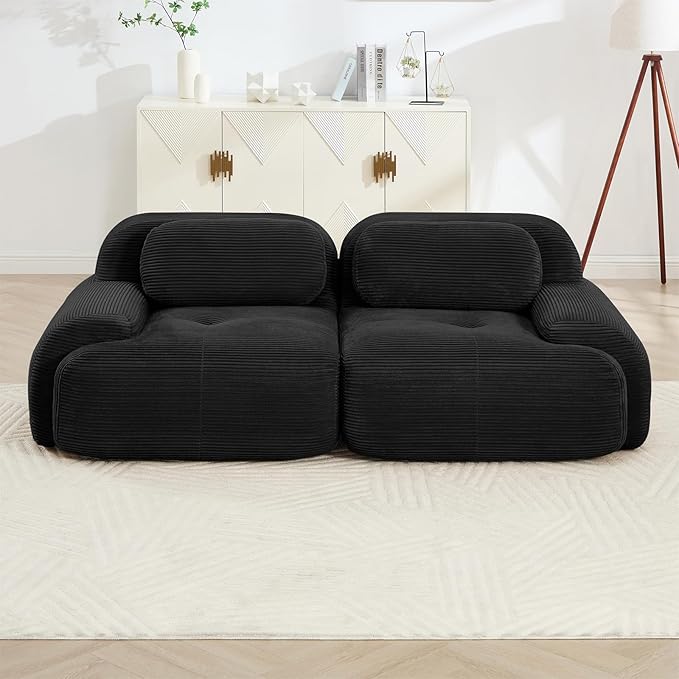80" Modern Compressed Boneless Love Seat Couches, 2 Seater Large Sectional Couches for Living Room, Black Corduroy Cloud Modular Sectional Sofa, Memory Foam, Extra Deep Loveseat, No Assembly