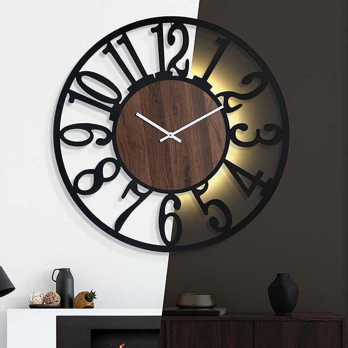 32 Inch Large Metal Wall Clock with Voice and Light Sensor Night Light, Glow in The Dark Non-Ticking Silent Battery Operated Decorative Oversized Wall Clock for Bedroom Living Room Decor