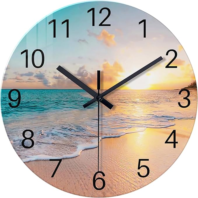 Beach Wall Clock Silent Analog Glass Wall Clocks Battery Operated 16 Inches or Larger Blue Clocks for Living Room