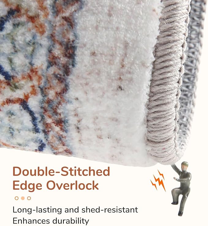 OPPODREAM Thin Entryway Rug 2x8, 2x8 Rug Runner, Neutral Washable Hallways Carpet 2 x 8 with Non Slip Backing, Low-Pile Bedside Carpet 2 x 8, Long, Faux Cashmere, Cream White & Blue & Light Brown