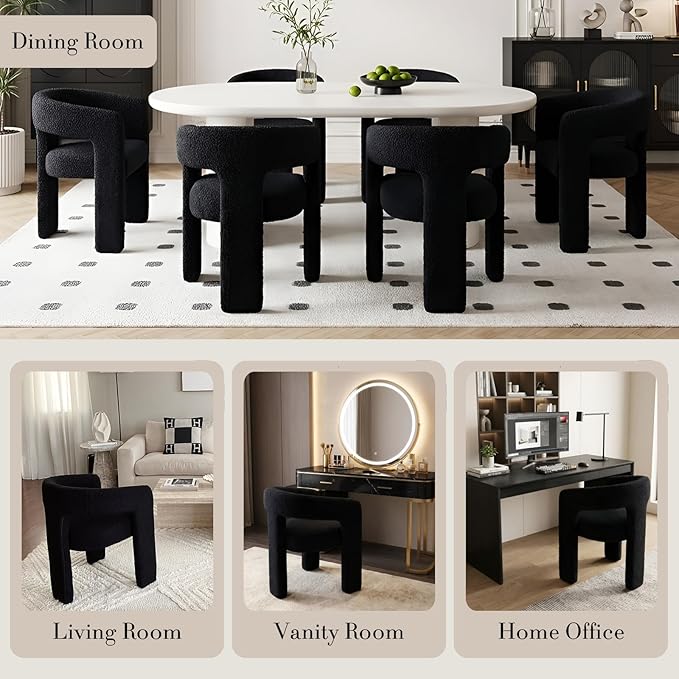 Black Dining Chairs Set of 4, Upholstered Sherpa Barrel Chairs with Arms Comfy Accent Side Chairs for Living Room/Dining Room/Reception, Black