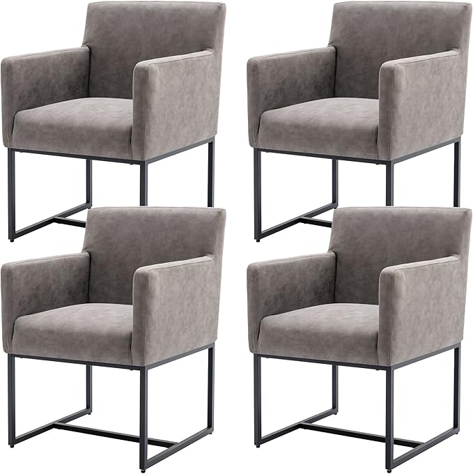 Set of 4 Upholstered Dining Chairs with Armrest, PU Leather Modern Accent Armchairs, Kitchen & Dining Room Chairs Side Chairs, Grey