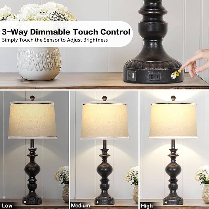 28" Black Farmhouse Table Lamps Set of 2, Rustic Lamp for Living Room with USB C+A Ports & AC Outlet, 3 Way Touch Control Resin Bedside Lamps, Retro Bedroom Lamp for Nightstand Side End Table Desk