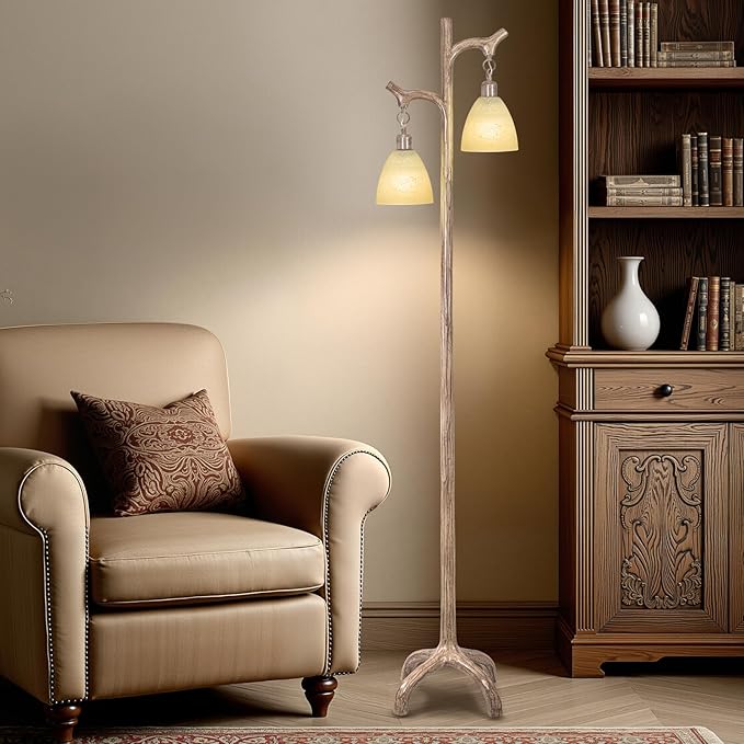 68" Farmhouse Floor Lamp with Glass Shade for Living Room, Vintage Standing Lamp for Bedroom, Rustic Floor Lamp Stepless Dimmable Tree Trunk Tall Lamp for Home Room Office Decor (Bulb Included)