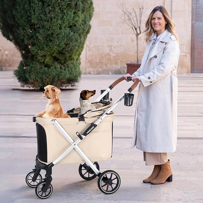 X6 Luxury Pet Stroller for Medium Dogs up to 66 lbs, One-Second Fold Design, 180° Canopy, 4-Wheel Shock Absorption (Beige)