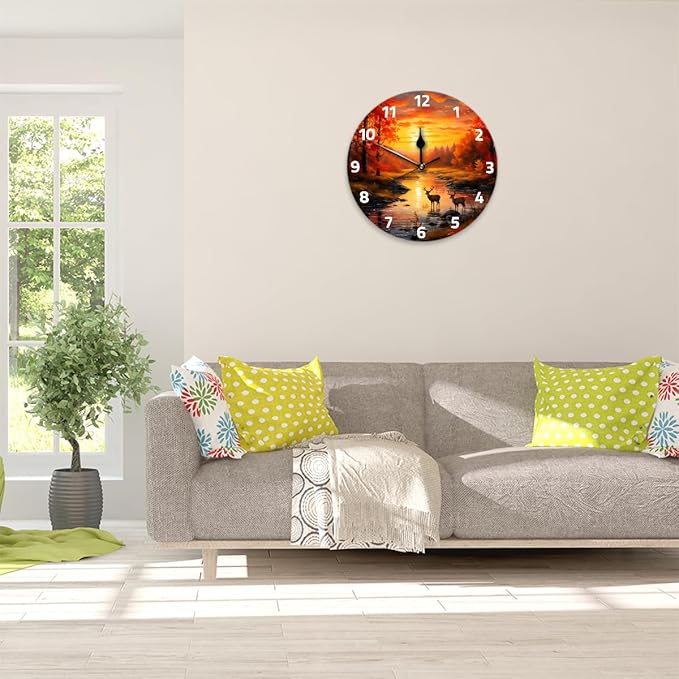 Forest River Sunset Deer Wall Clock Battery Operated 10 in Round Wall Clocks Slilent Non Ticking Quartz Analog Clock for Bedroom Kids Living Room Classroom Decor