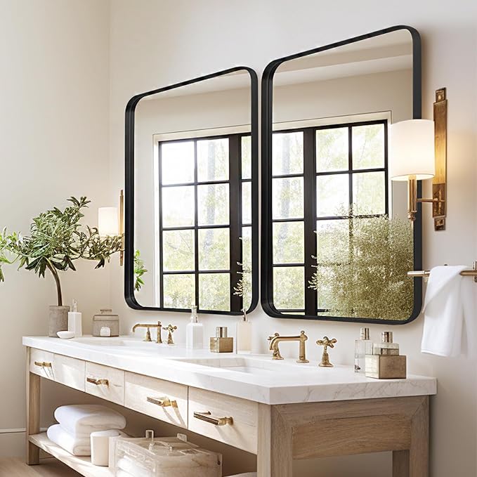 Wall Mirror 24" x 36" Black Metal Deep Frame for Bathroom, Living Room, Bedroom, Entryway - Decorative Rectangular Round Corner Mounted Vanity Mirror