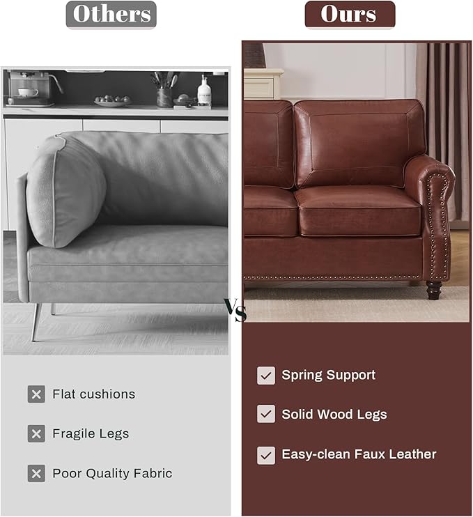 WILLOVE Faux Leather Sofa, Mid Century Modern Couch with Rolled Arm & Nailhead Trim for Living Room, Office - Retro Brown