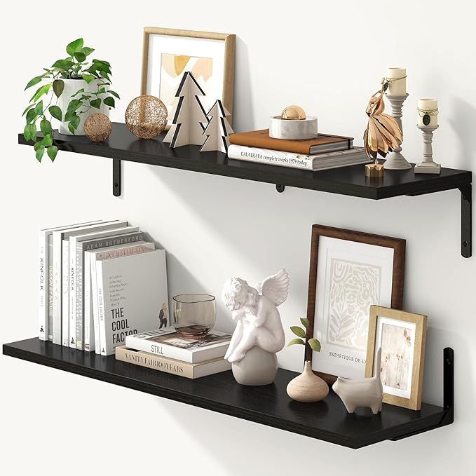 Fun Memories Deep Floating Shelves, 36W x 8D Floating Shelves Set of 2, Wall Mounted Shelf with Metal Brackets, Rustic Wood Wall Shelf for Bathroom, Kitchen and Living Room, Black