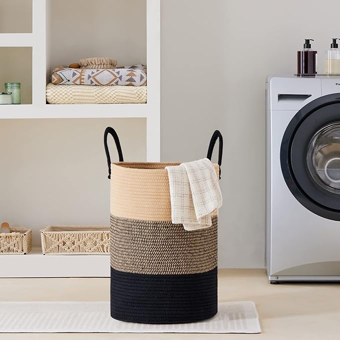 VIPOSCO Large Laundry Hamper, Tall Woven Rope Storage Basket for Blanket, Toys, Dirty Clothes in Living Room, Bathroom, Bedroom - 72L Brown & Black
