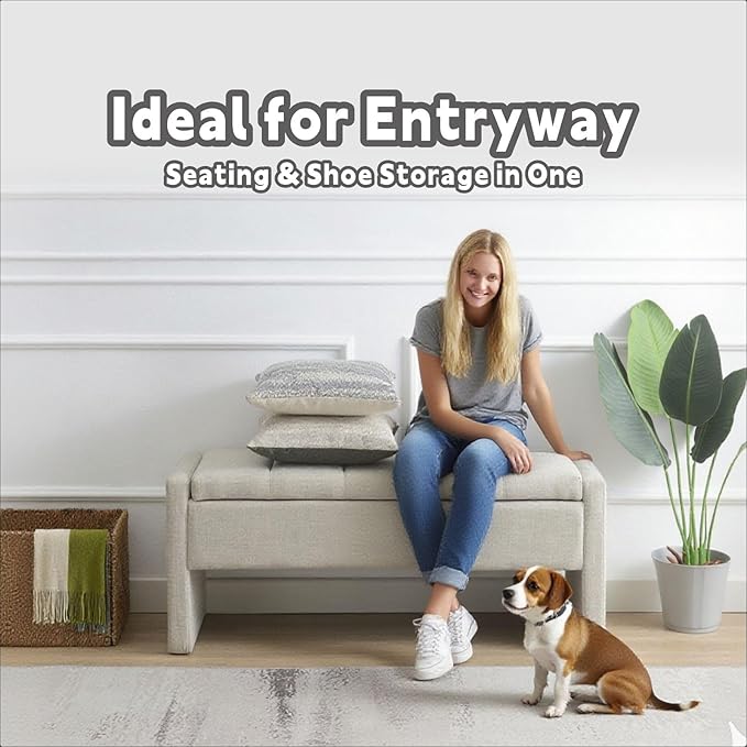 47.25'' Ottoman with Storage, End of Bed Storage Bench, Entryway Bench - Linen Upholstered Multi-Functional Footrest for Bedroom, Living Room, Dorm & Window Bench (Light Grey)