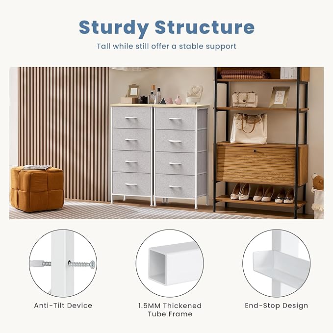 DUMOS Nightstand with 4 Drawers Bedside Table with Removable Fabric Bins Sturdy Steel Frame Wood Top Organizer Furniture for Bedroom Closet Living Room,Light Gray