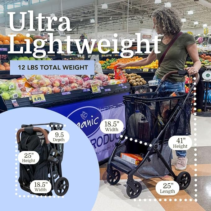 Strolee Personal Luxury Folding Shopping Cart On Premium Wheels – Ultra Lightweight Aluminum Frame – Removable Shopping Bag with Carry Strap & Lower Grocery Storage 75Lbs Capacity (Sage v2)